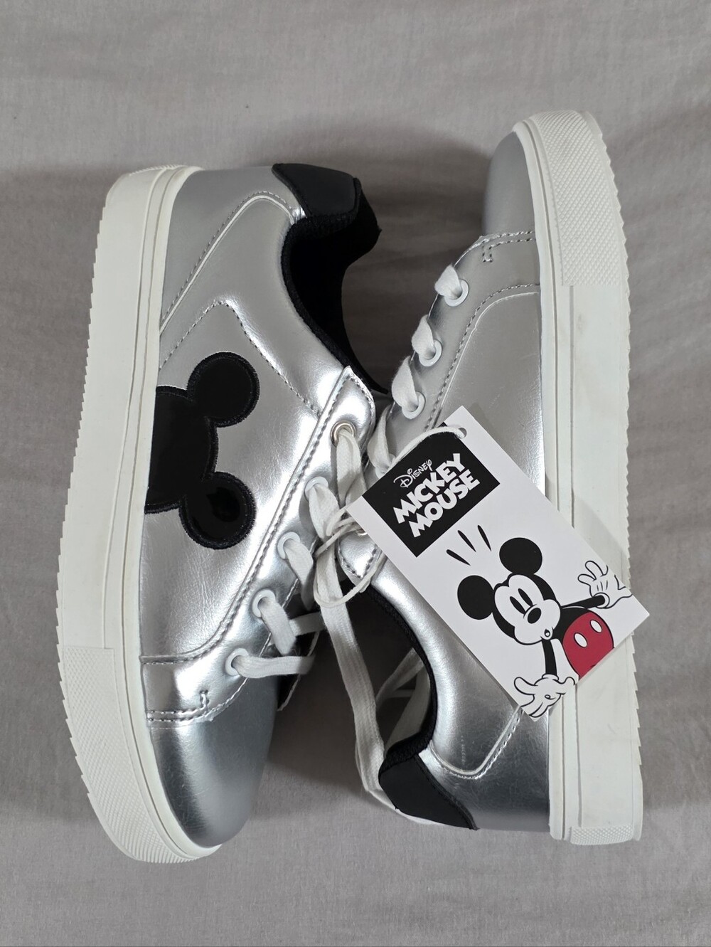 NEW Disney Aldi Girls Mickey Mouse Metallic Silver Lace Up Sneakers size 4